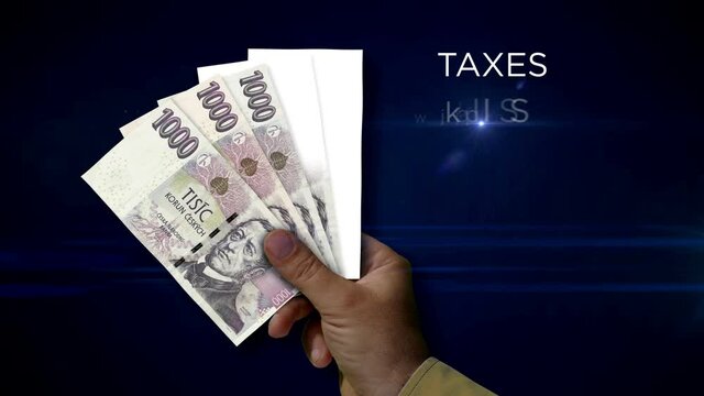 Czech koruna paper note holding. Fan of NZD banknotes in hand. Metaphor concept of income loss, cost of live, tax, credits and money decline.