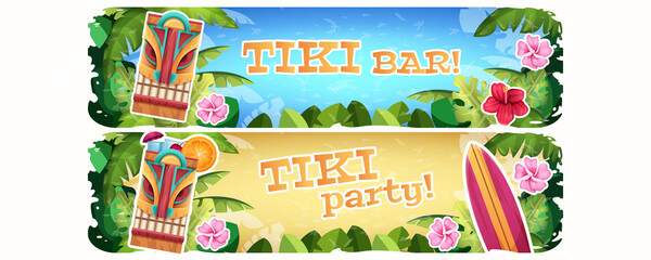 Obraz premium Horizontal banner with traditional hawaiian wooden tribal mask and tropical exotic plants and flowers. Summer dance party invitation, hawaii poster on white background. Cartoon vector illustration.