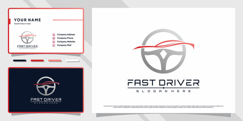 Steering sport car logo design with line art style and business card design Premium Vector