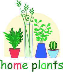 Fototapeta premium Home plants lettering. Plants in pots, cactus, bamboo. For printing on fabric, paper.