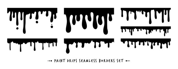 Seamless Paint Dripping Borders Collection. Black Vector water, oil, paint, blood, ink or melt chocolate drips silhouettes set. Liquid stains, abstract splatter design elements on white background