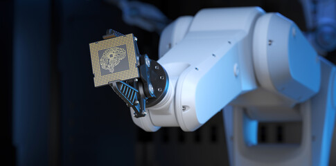 Robotic Arm Holding an Artificial Intelligence Computer Processor Unit - 470587814