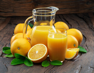 Yellow orange fruits and fresh orange juice isolated on dark wooden background.