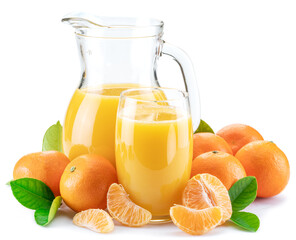 Orange tangerine fruits and fresh tangerine juice isolated on white background.