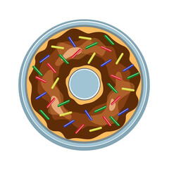 Colorful chocolate donut on a saucer, isolated on a white background.Top view.Vector illustration can be used in fast food designs, menus,postcards,textiles.