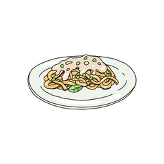 Fettuccine pasta dish with cheese sauce hand drawn vector illustration isolated.
