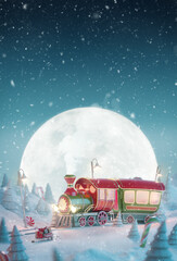 Cute funny fairy Santa's Christmas train in a magical forest - 470588461