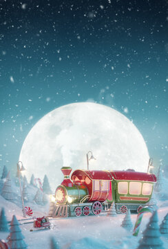 Cute funny fairy Santa's Christmas train in a magical forest