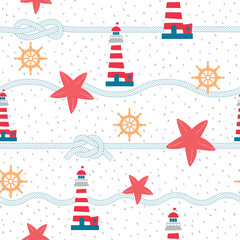 Maritime seamless repeat pattern with starfish, rope and lighthouse in red, turquoise and yellow.Perfect for wrapping, textile and design projects, Vector illustration.