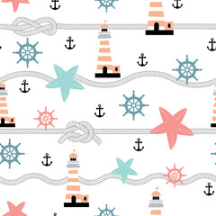 Maritime seamless repeat pattern with starfish, rope, lighthouse and anchor.Perfect for wrapping, textile and design projects, Vector illustration.