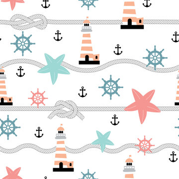 Maritime seamless repeat pattern with starfish, rope, lighthouse and anchor.Perfect for wrapping, textile and design projects, Vector illustration.