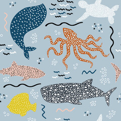 Underwater seamless pattern with whale, squid, fish, turtle and shark on blue background. Hand drawn repeat pattern for wrapping, fabrik, textile or paper projects. Vector illustration.