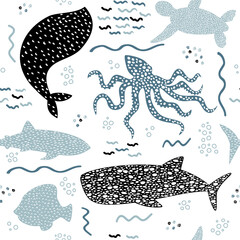 Underwater seamless pattern with whale, squid, fish, turtle and shark on white background. Hand drawn repeat pattern for wrapping, fabrik, textile or paper projects. Vector illustration.