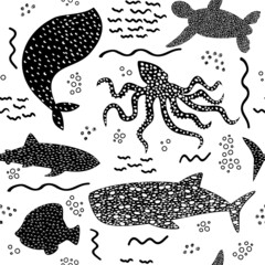 Underwater seamless pattern with whale, squid, fish, turtle and shark in black and white background. Hand drawn repeat pattern for wrapping, fabrik, textile or paper projects. Vector illustration.