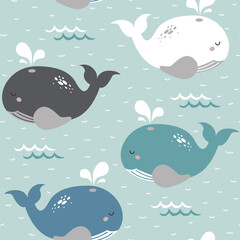 Simple whale seamless childish pattern in blue, white, grey and green colour. Hand drawn repeat pattern for wrapping, fabrik, textile or paper projects. Vector illustration.