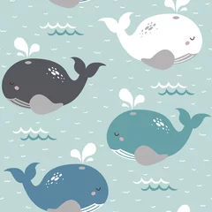 Foto op Canvas Simple whale seamless childish pattern in blue, white, grey and green colour. Hand drawn repeat pattern for wrapping, fabrik, textile or paper projects. Vector illustration. © Itzyme