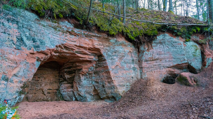 The 40 M Long Ziedleju Cliffs Consists of the Reddish Sandstones From Gauja Suite. A Sandstone Outcrop on the Banks of Gauja River, Incukalns, Latvia.