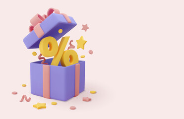3d realistic sale banner template. Opened gift box with discount, stars and tinsel. Vector 3d render illustration.