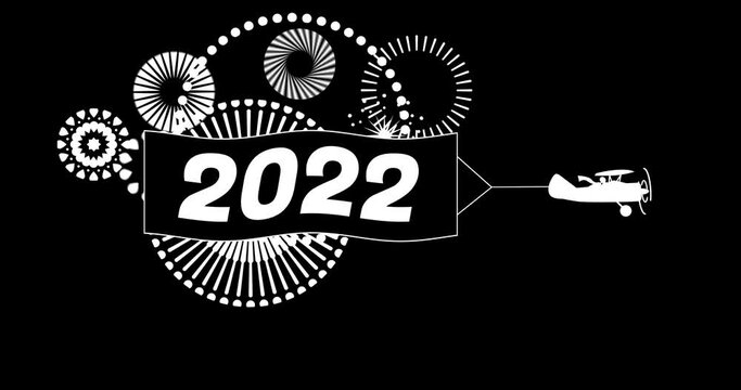 Animation of flying Biplane with banner 2022 Happy New Year and firework sparkle