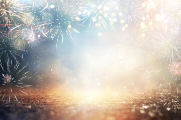 abstract gold and silver glitter background with fireworks. christmas eve, 4th of july holiday...
