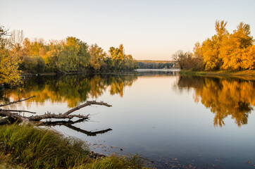 Fototapeta na wymiar Begec, Serbia - October 30. 2021: Autumn panorama on the artificial lake Begecka jama, near the city of Novi Sad.