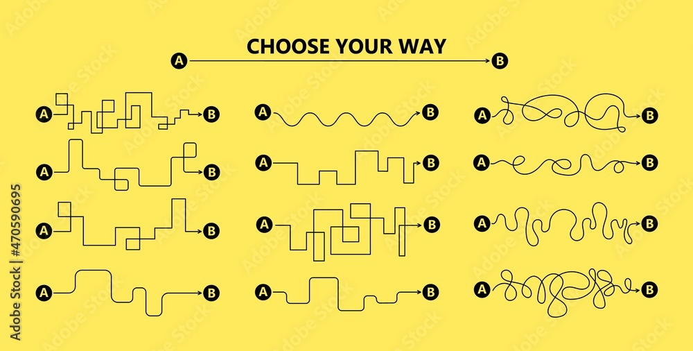 Wall mural set of difficult and easy simple way process from start to end. vector card illustration with path t