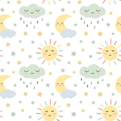 Fototapeta premium Cute boho pastel sun, moon, rainy cloud pattern. Isolated on white background. Nursery design wall art, baby textile, printable paper, fabric.