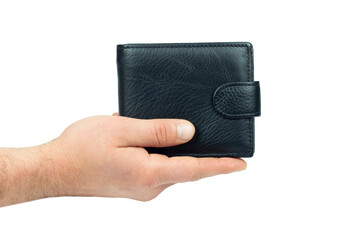 wallet in hand, human hand holds out wallet on white background, concept of credit, loan 