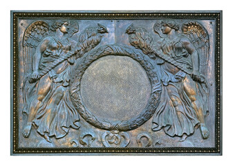 Bronze decorative panel with goddesses of glory and victory isolated on white background