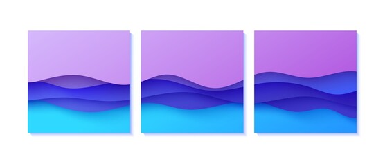 Abstract background set in paper cut style. 3d pink purple gradient colors waves with smooth shadow. Collection of vector cards with blue backdrop. Squared composition liquid papercut shapes.