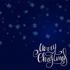 Fototapeta na wymiar Merry Christmas. White Handwritten lettering on a dark blue background with snowflakes. New Year 2022.