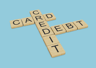 Credit Cart Debt words written with wooden letters on blue background