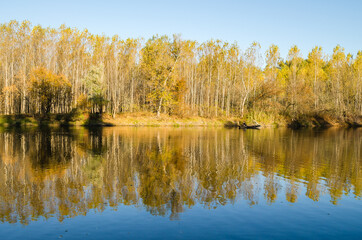 Begec, Serbia - October 30. 2021: Autumn panorama on the artificial lake Begecka jama, near the city of Novi Sad.