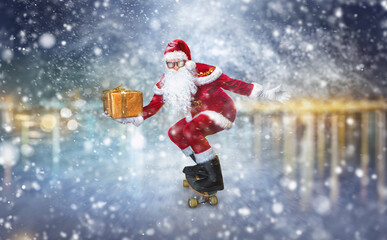  Santa Claus drive on the skateboard delivering gifts