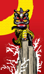 A spirited Chinese lion stand on a high cliff on the sea. Presented in splashing ink drawing style. Vector.