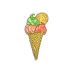 Ice cream dessert in waffle cone, hand drawn color vector illustration isolated.