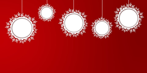 Red Christmas background with white frames with snowflakes. Christmas background with copy space.