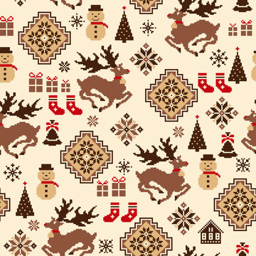 Traditional Nordic pattern with reindeer and snowman,