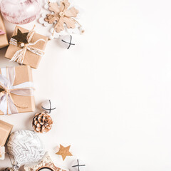 Festive Christmas background with gift boxes and Christmas decorations