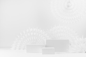 White abstract modern simple scene with three rectangle box podiums mockup for presentation of cosmetic product, advertising, design with white carved round folded paper fans in chinese style.