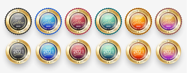 Best seller 2021 / Premium quality medals set. Realistic golden labels - badges, best seller 2021. Vector illustration EPS10