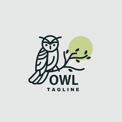 Owl retro in tree and light moon . natural bird simple logo for brand and company