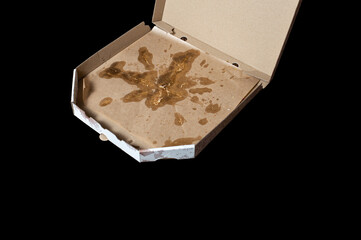 dirty pizza box isolated on black. empty cardboard pizza box. greasy stains. unhealthy food concept