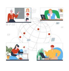 Online learning concept. The teacher teaches students from all over the world. Remote education opportunities. Flat vector illustration on white background.