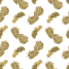 Flying brown feather in seamless pattern on white background. Watercolor hand drawing illustration. Realistic painting of feather in wallpaper or digital paper.