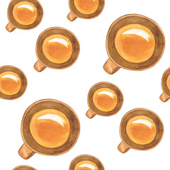 Clay cup or mug seamless pattern on white background. Watercolor hand drawing illustration. Brown tableware for design in textile or wallpaper.