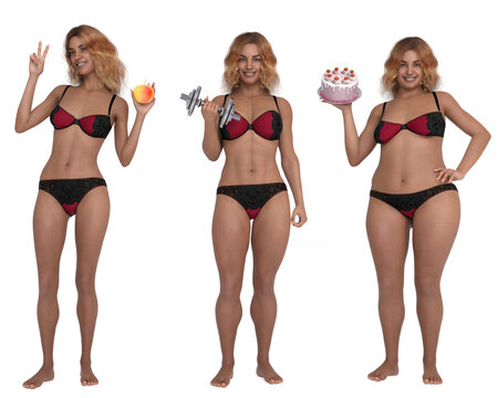 3D Render : comparison of the standing female body type illustration : ectomorph (skinny type), mesomorph (muscular type), endomorph(heavy weight type)