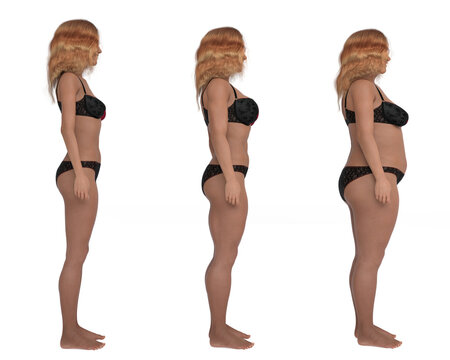 3D Render : comparison of the standing female body type illustration : ectomorph (skinny type), mesomorph (muscular type), endomorph(heavy weight type)