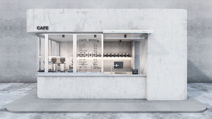Front view Cafe shop  Restaurant design. Modern minimal.Black text cafe on concrete wall,Metal top counter on concrete wall, Concrete wall,Glass windows- 3D render
