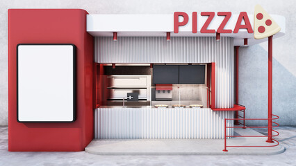 Front view Pizza shop and Restaurant design. Modern minimal.red and white colors- 3D render